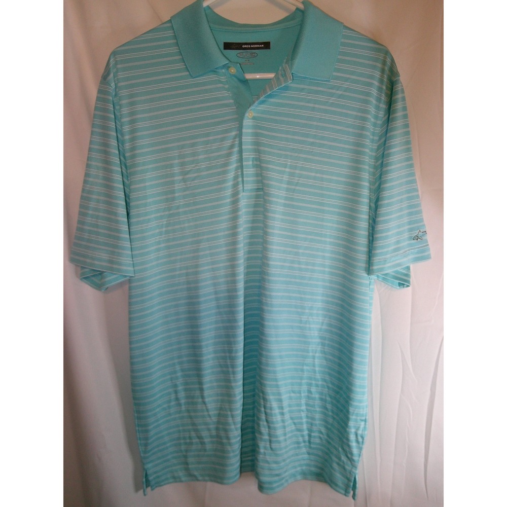 Greg Norman Play Dry Golf Polo Shirt Striped Short Sleeve Aqua‎ Blue M